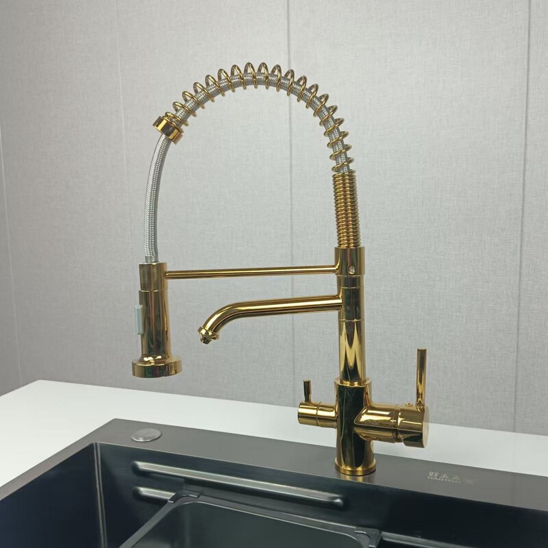 Cross-border full copper spring faucet kitchen sink rotatable pull spray paint black gold with dots