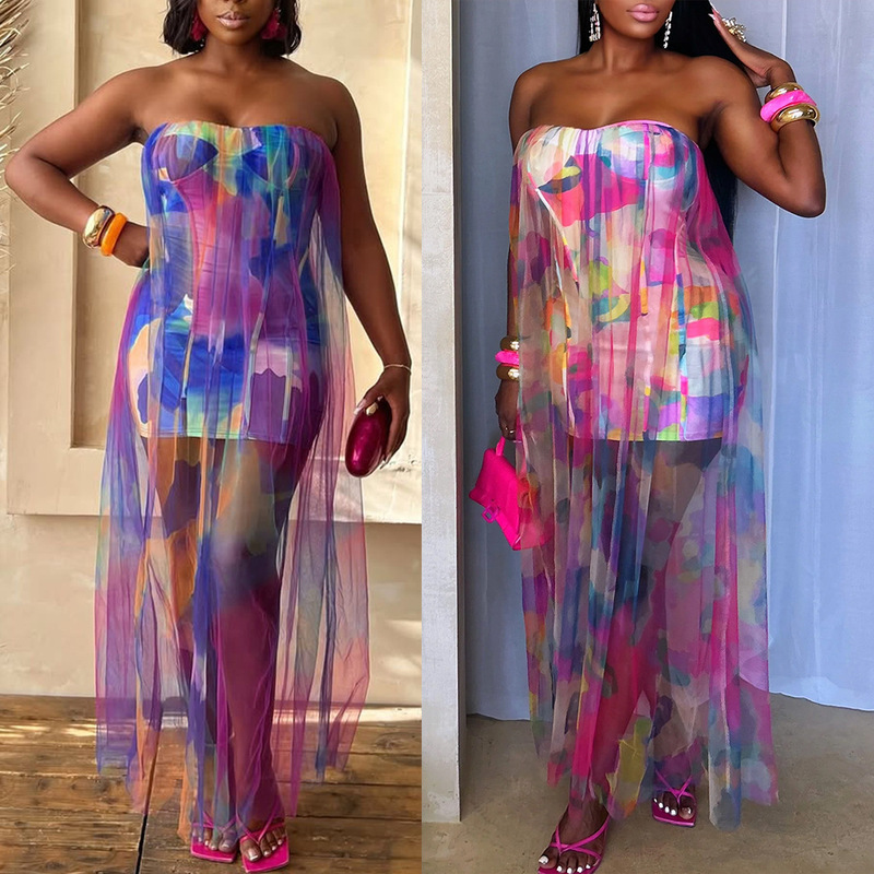 S11009 European and American Sexy See-Through Stretch Mesh Splicing Hip-Hugging Slim Dress