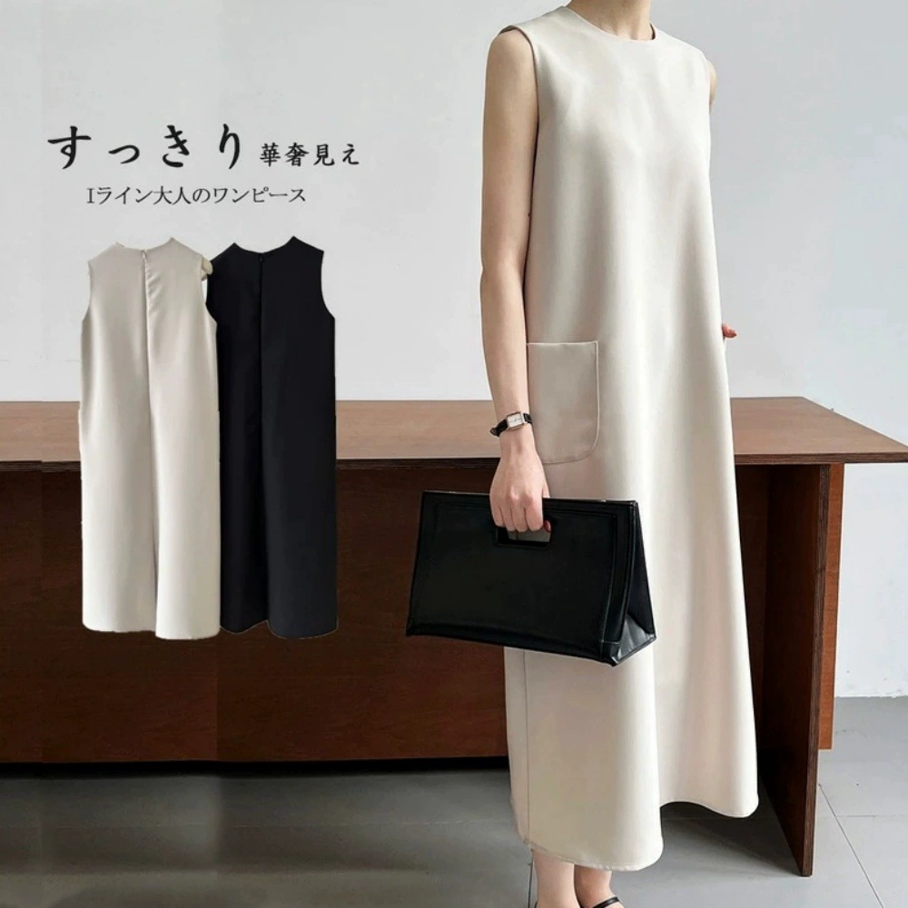 Летнее платье-жилет 2025 года в новом японском и корейском стиле: элегантное, простое, без рукавов, однотонное, с круглым вырезом, приталенное, прямое.