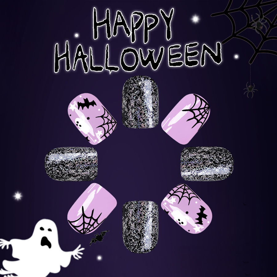 Short Glitter Halloween Glitter Nail Pieces Black Cobweb Bat Cute White Ghost Nail Patch 24 Pieces_voghion.com