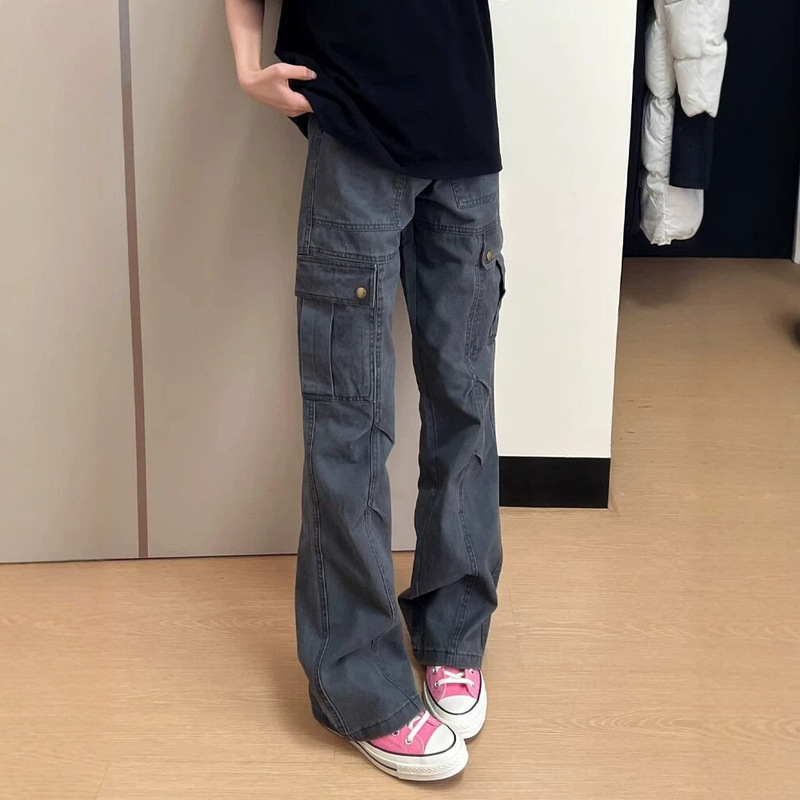 Gray American retro work pants for men, summer trendy high street multi-pocket cleanfit pants, straight-leg slightly flared pants Gray American retro work pants for men, summer trendy high street multi-pocket cleanfit pants, straight-leg slightly flared pants