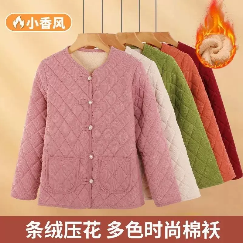 冬季加绒棉服灯芯绒外套小棉袄大码女装妈妈装长袖中式风百搭外穿