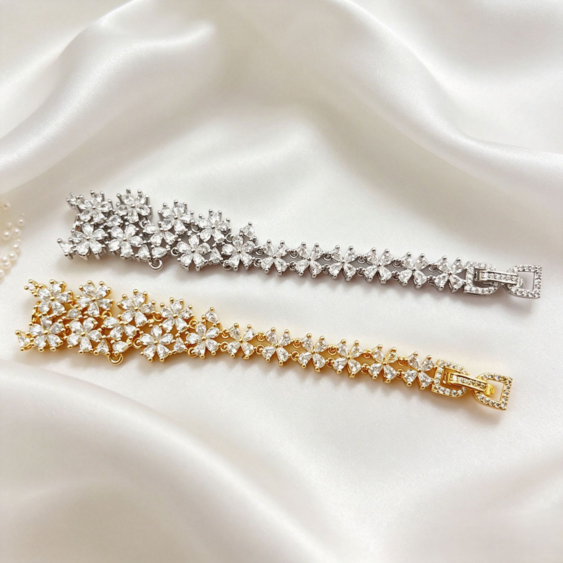 抖音爆款镶锆石花朵手链半链真金保色diy手工珍珠手链扣饰品配件