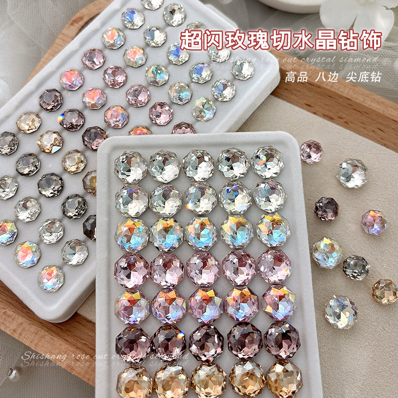 Octagonal Rose Cut Nail Art Decorations High-Quality Crystal Pointed-Back Rhinestones Transparent White Champagne Pink Moonlight Nail Rhinestones Wholesale Aurora