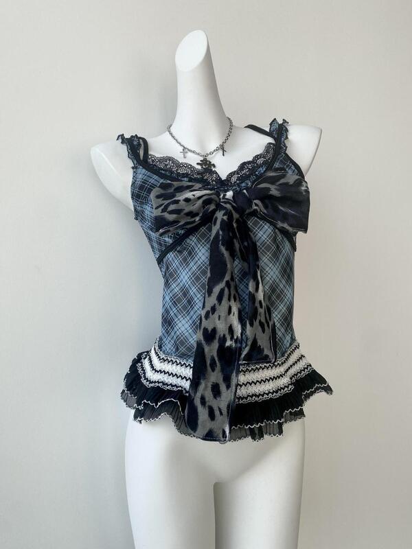 French-Style Retro Spicy Girl Shibuya—Navy Blue Plaid Mesh Lace Patchwork Remake Camisole Slim-Fit Versatile Top