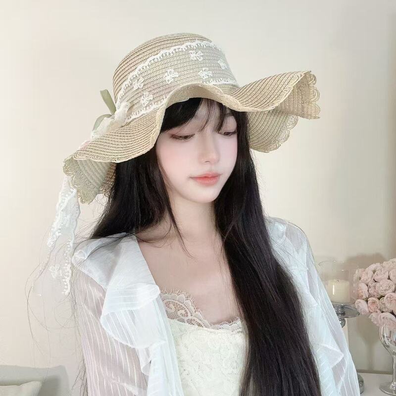 蕾丝草编太阳帽子女大帽檐夏季透气草帽海边遮全脸遮阳防晒帽子潮|undefined