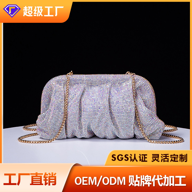 Metal menta hecha a mano diamante bolsa plisada cadena rhinestone dumpling clip Bolsa De noche bolsa de mensajero del hombro