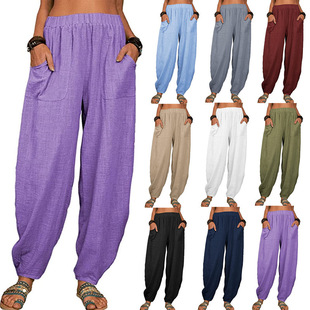 2024 European and American Export Women's Clothing New Amazon Wish Pure Color Loose Cotton and Linen Casual Pants Home Harem Pants