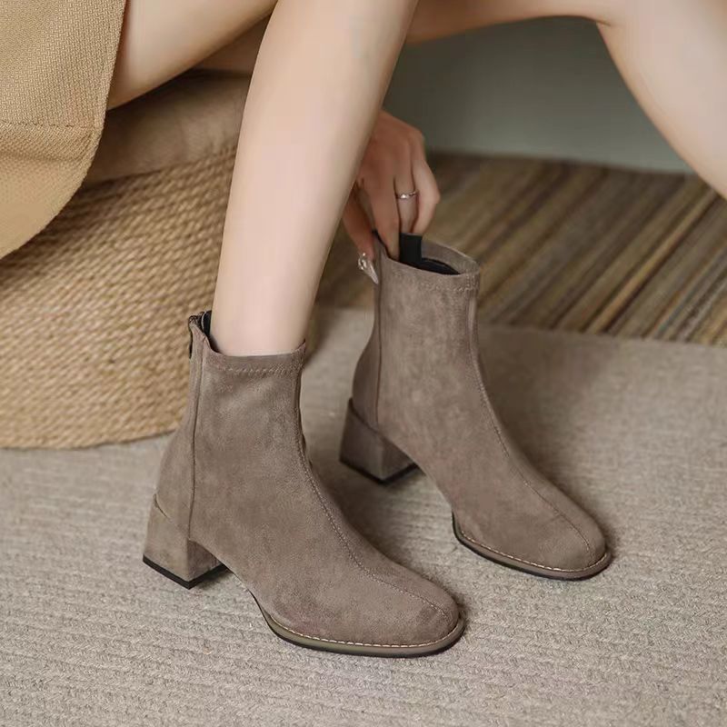 Khaki Suede Medium Heel Thick Heel Short Boots Women's High Heels 2025 Autumn and Winter New Fleece-Lined Chelsea Slim Boots