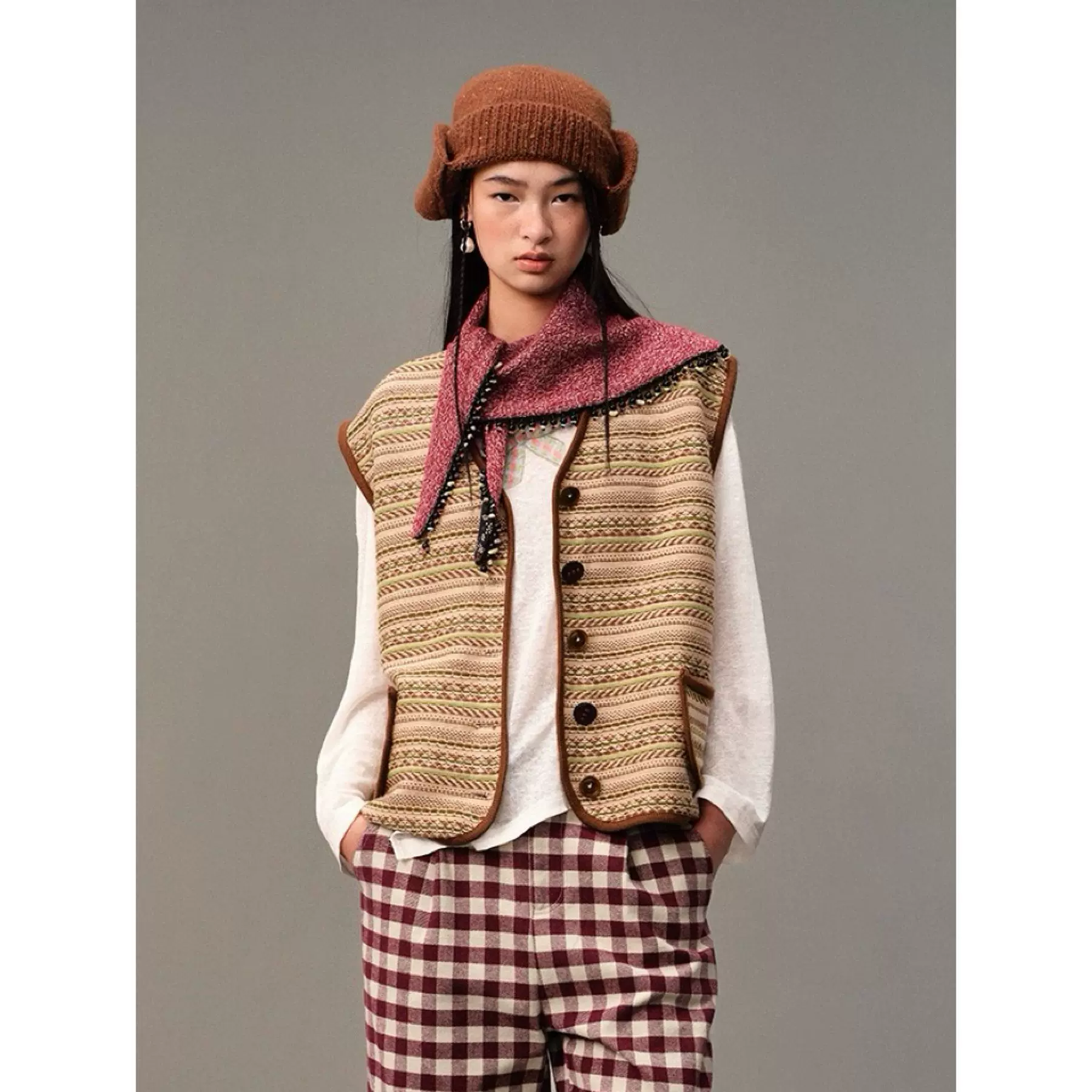 四媛【清仓不退不换】费尔岛提花口袋马甲复古文艺叠穿背心1098