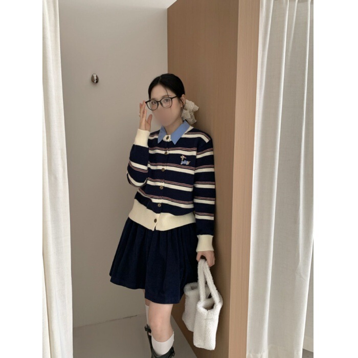 超可爱早秋新款条纹撞色刺绣腊肠小狗针织开衫学院风简约针织衫|undefined