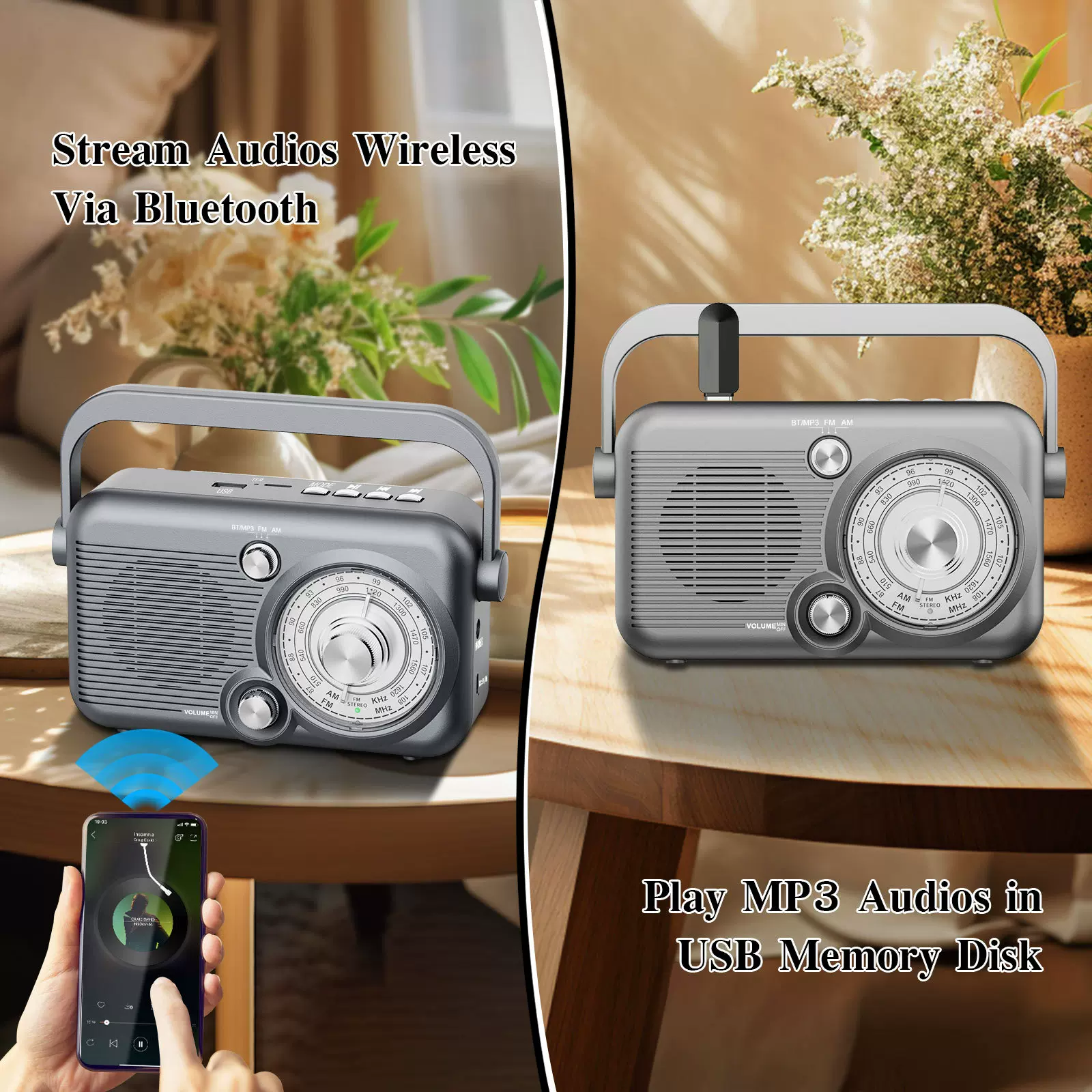 多功能便携式收音机FM/AM/USB/TF卡蓝牙播放器亚马逊立体声全波段