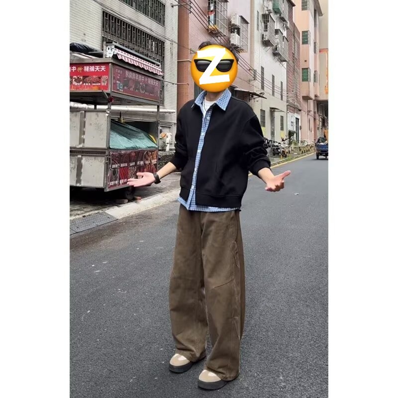 American retro pleated wide-leg straight-leg trousers for men, 2026 new style, commuter design, casual trousers, brown, in stock.