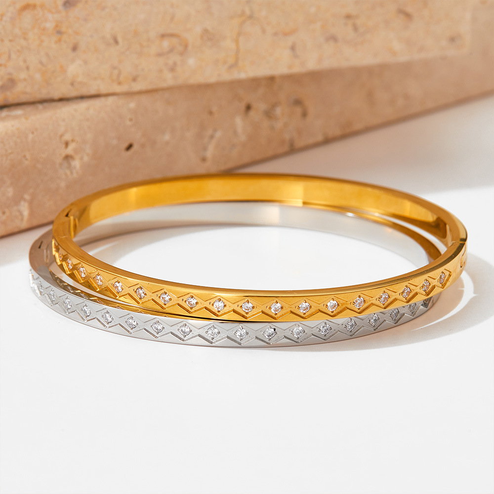 Zircon Inlay Material Bangle Classification Elegant Rhombus 304 Stainless Steel 16K Gold Plated White Gold Plated Gold Plated Zircon Bangle In Bulk
