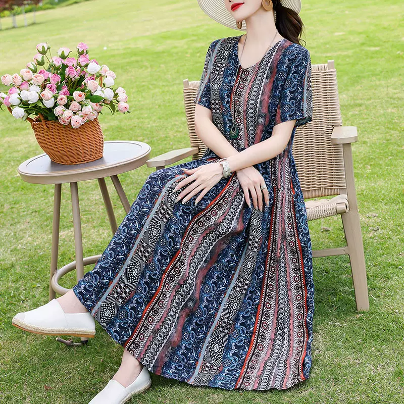 夏季新款棉绸连衣裙女宽松显瘦中老年妈妈大摆裙气质长裙