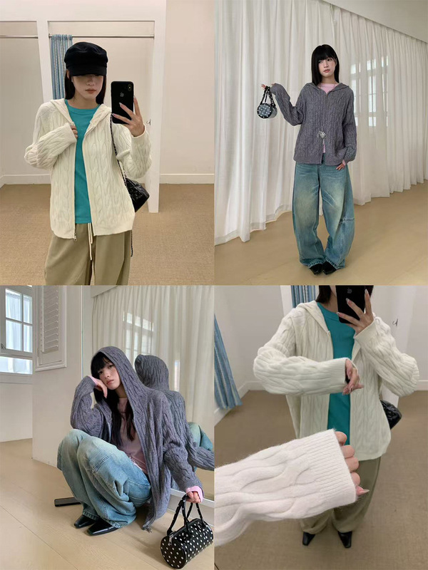 誉一新款2025秋季慵懒风软糯毛衣女麻花纹连帽拉链针织衫女c6815|undefined