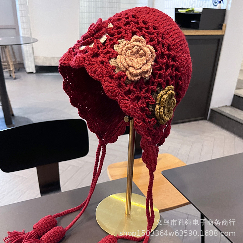2025新款民族风花朵针织套头帽子女秋季云南丽江旅游氛围感护耳帽|undefined