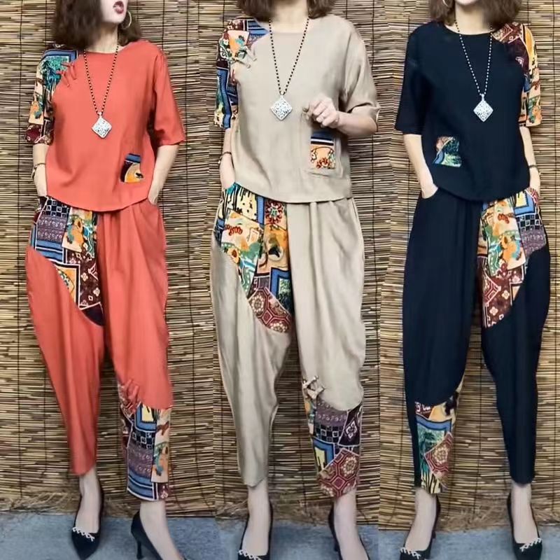 Mom suit Women's Summer Short-sleeved T-shirt Top Casual Harlan Cropped Pants plus size Women's Tencel Cotton Linen Two-piece Set