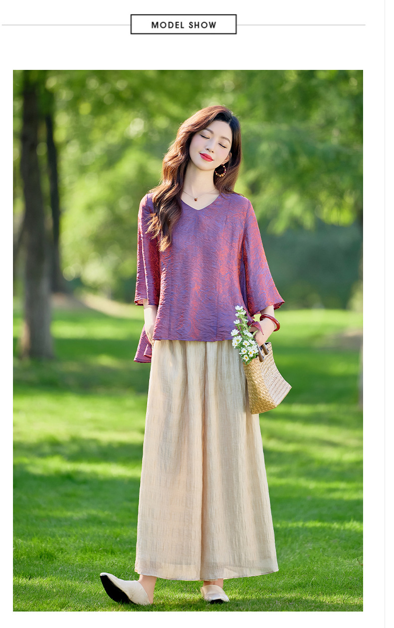 Bộ vest nữ hai mảnh gồm áo sơ mi cổ V và quần ống rộng dáng suông — Màu ảnh chi tiết 24