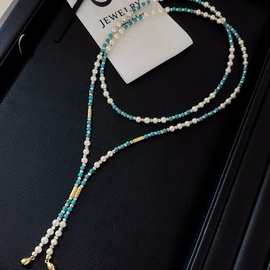 秋冬时髦淡水珍珠4-5mm高品质小灯泡绿松石磁吸扣设计毛衣链时尚