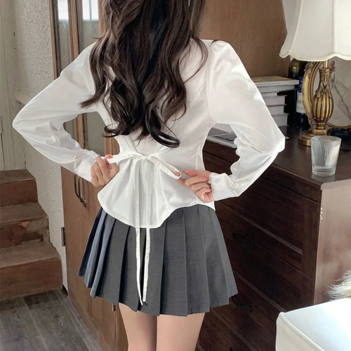 Sweet and Spicy College Style Long-Sleeve White Women's Spring and Autumn Tied-Waist Slimming Uniform Top with Unique Design