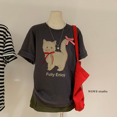 WGWE 夏の女性の韓国ファッションデザインリボン猫漫画プリントラウンドネック半袖 Tシャツ W6499