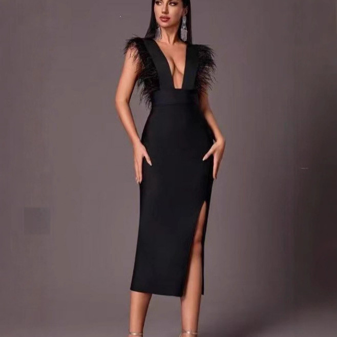 2025 European and American Women's Clothing V-Neck Sleeveless Bodycon Feather Bandage Dress Banquet Sexy Evening Dress 2025 European and American Women's Clothing V-Neck Sleeveless Bodycon Feather Bandage Dress Banquet Sexy Evening Dress