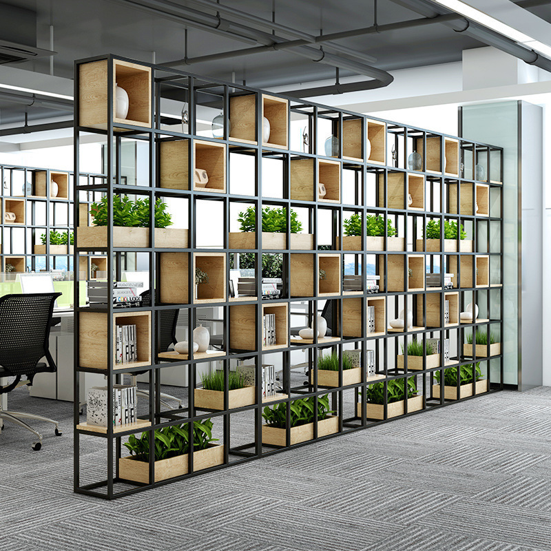 Simple Iron Partition Rack Floor-Standing Office Solid Wood Bookshelf Restaurant Living Room Storage Display Rack Cabinet