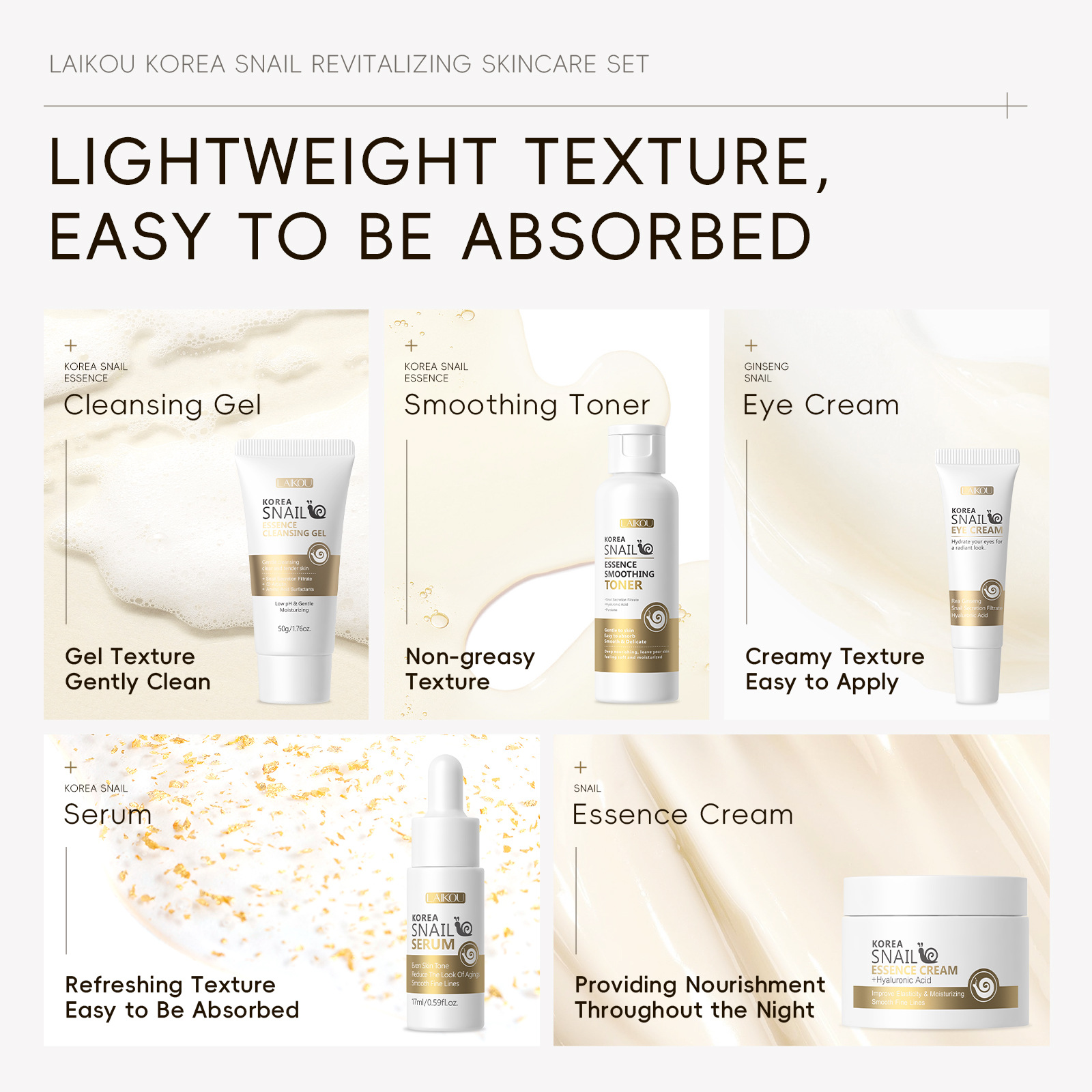 Cross-border new LAIKOU snail skin care five-piece set for facial care to brighten skin tone, manufacturer's skin care products in stock undefined