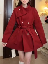 官图# 围脖领红色毛呢外套中长款女加厚收腰秋冬季妮子大衣2025年