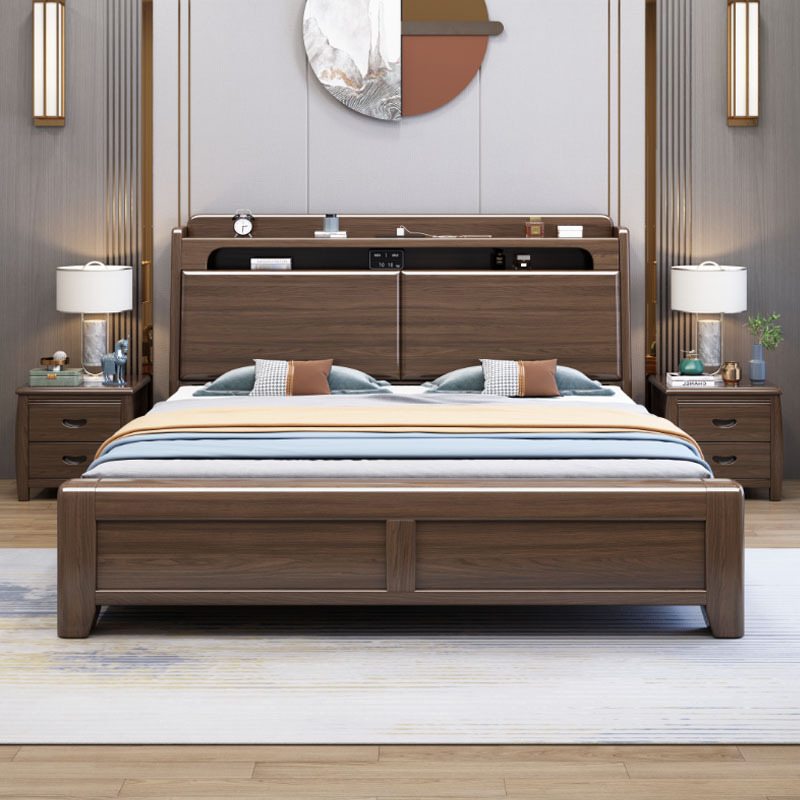 New Chinese Style Walnut Wood Bed Master Bedroom Double Bed 1.8m Simple Modern 1.5m High Box Storage Wedding Bed Solid Wood Bed