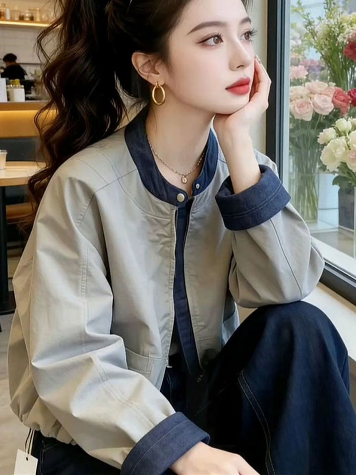 Áo khoác ngắn denim phối màu dáng rộng cổ đứng dài tay nữ — màu xám chi tiết 2