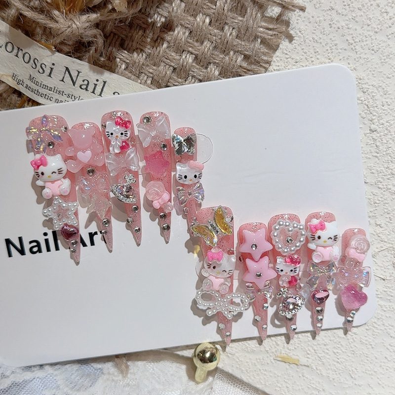 5.0 Extra Long Pointed Cross-Border Kitty Style Jelly Hot Girl European and American Style Heavy Luxury Handmade Wearable Nail Art