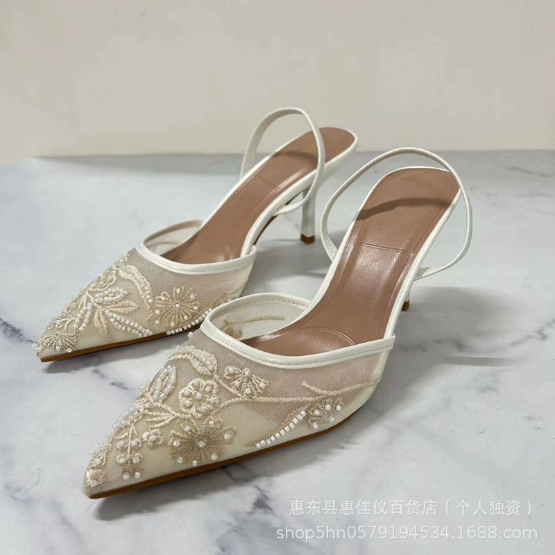 ZA Испания Осень 2024 Новые женские туфли белые вышитые сетки на высоких каблуках с острыми наконечками и неглубокими сандалиями женские
