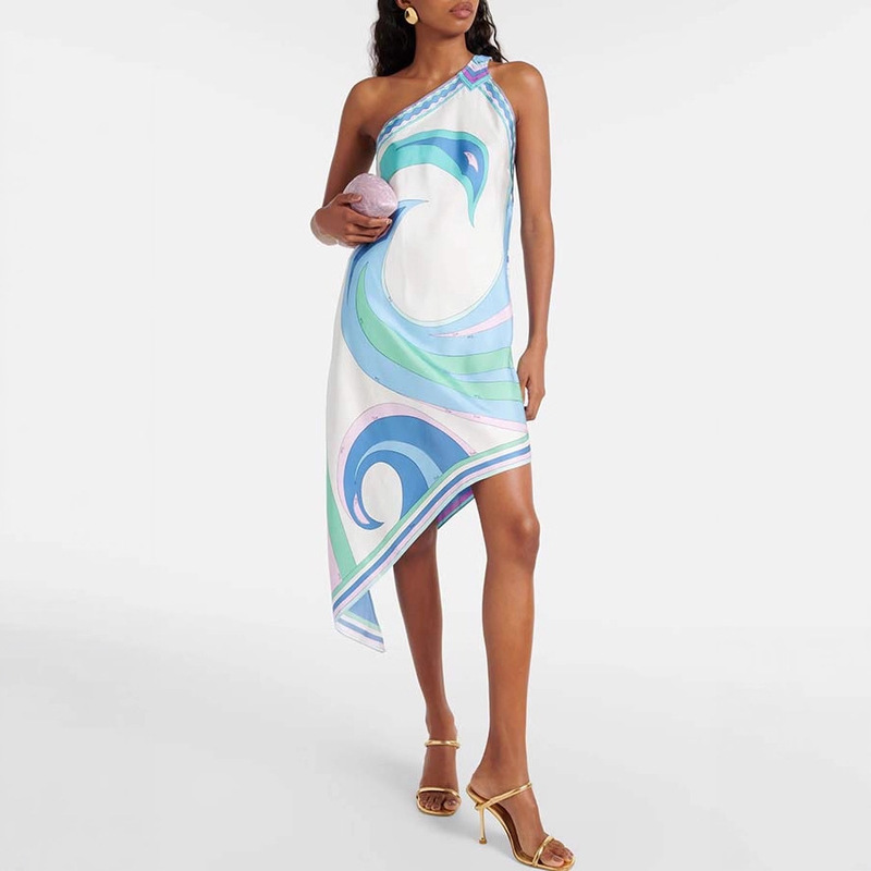2025 New European and American Summer Sexy Printed Satin One-Shoulder Irregular Dress for Foreign Trade Independent Platforms
