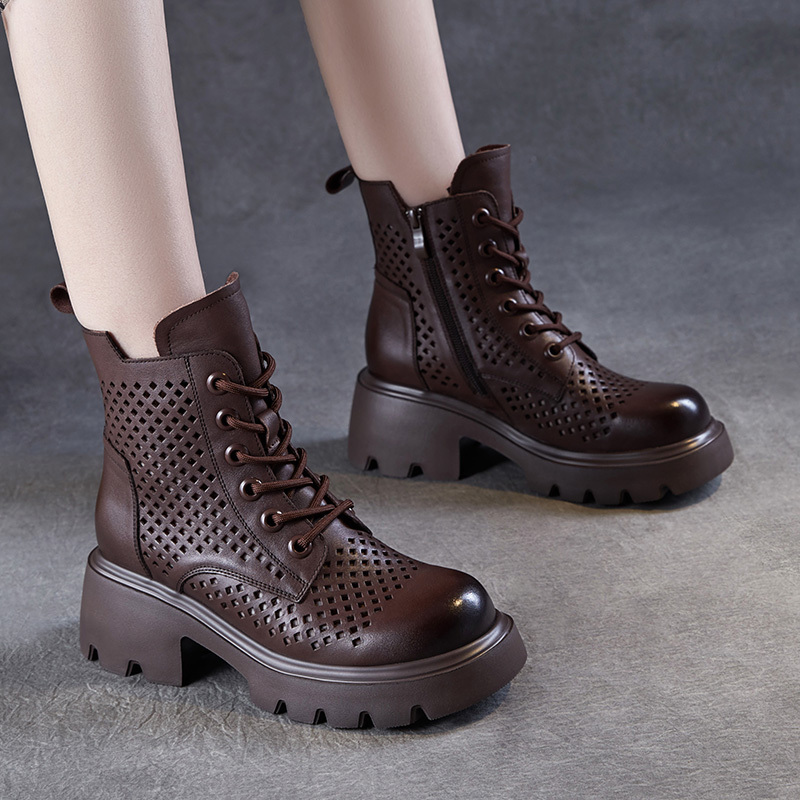 Brown British-Style Martin Boots for Women with Small Height, Summer Thin Thick-Soled Breathable Hole-In-The-Wall Sandals