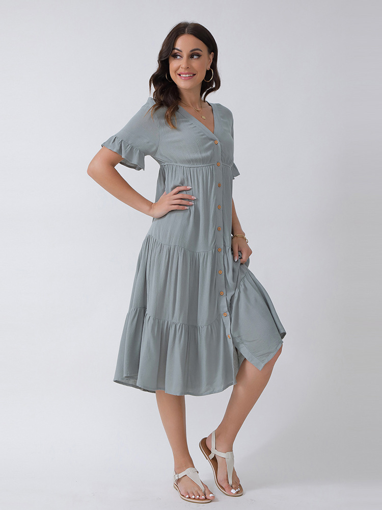 V-Neck Ruffled Button Dress NSWCJ92419