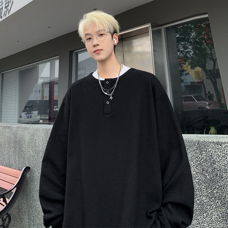 Henley Collar Long-sleeve T-shirt For Men, American Style Heavy-weight Youth Base Shirt, Spring And Autumn High-end_voghion.com