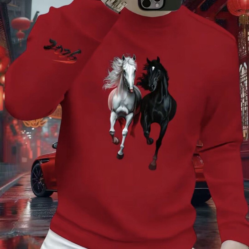 2026 Year of the Horse Red Sweatshirt for Men, Festive Red Clothing for the Year of Birth, New Versatile Casual Slim-Fit Top T-Shirt 2026 Year of the Horse Red Sweatshirt for Men, Festive Red Clothing for the Year of Birth, New Versatile Casual Slim-Fit Top T-Shirt