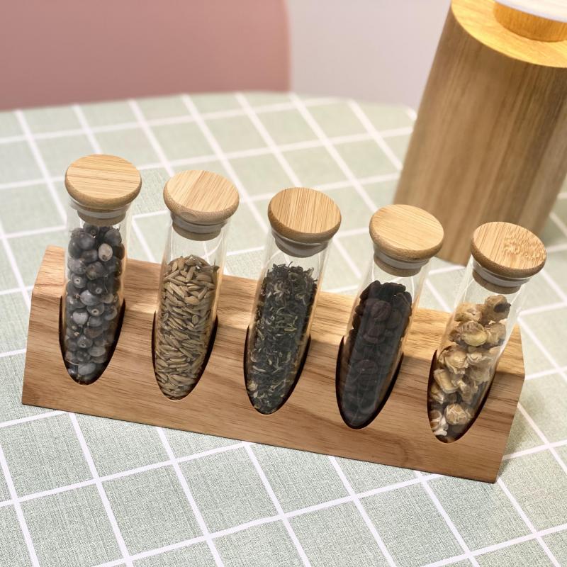 Tubo de ensayo de vidrio de borosilicato estante de exhibición de madera maciza muestra té granos de café cocina clasificación de almacenamiento tanque de almacenamiento