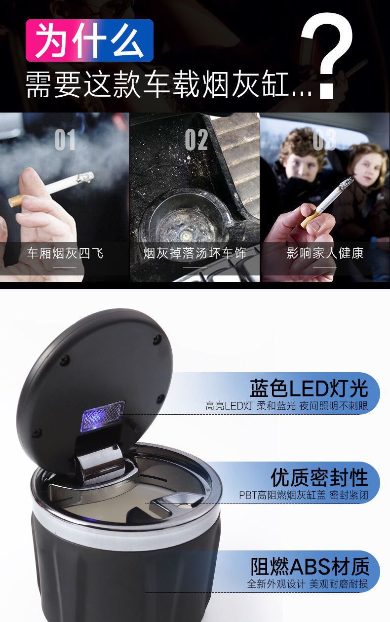 Car Ashtray with Ceramic Liner, Lid, Led Light, Creative Multifunctional In-Car Exclusive for Cross-Border Supply