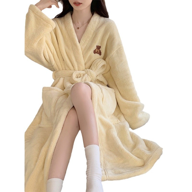 나이트 가운 여성의 2023 겨울 산호 양털 두꺼운 잠옷 여자 플란넬 기모 겨울 테더 목욕 가운 홈 옷