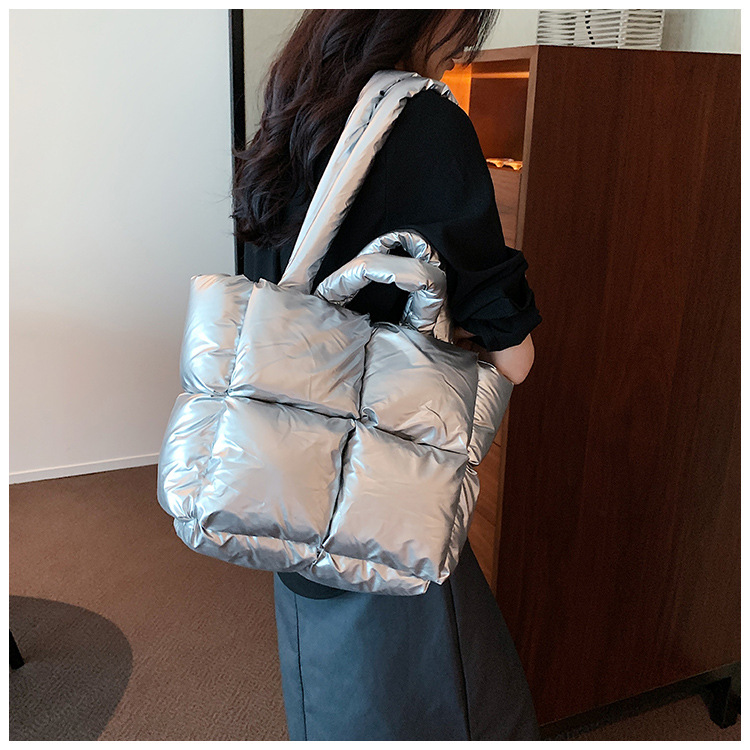 Down Bag Women Fashion Large Capacity Tote Bag High grade Shiny Handbag Simple Checkered Cotton Bag Shoulder Bag_voghion.com