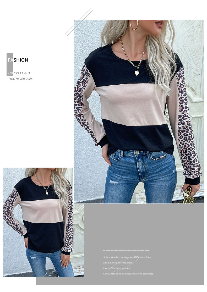 autumn leopard stitching long-sleeved round neck color matching loose t-shirt nihaostyles wholesale clothing NSDMB93682