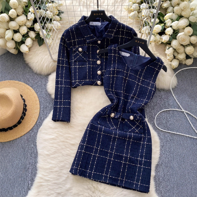 Cross-Border Celebrity Style High-End Metal Buckle Short Jacket Women's Waist-Cinching Sleeveless Woolen Dress Fashionable Two-Piece