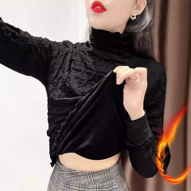 Lace Base Layer Shirt for Women, Winter Thickened Warm Inner Wear, High-Neck Fashionable Stylish Long-Sleeve Mesh White Fleece Top