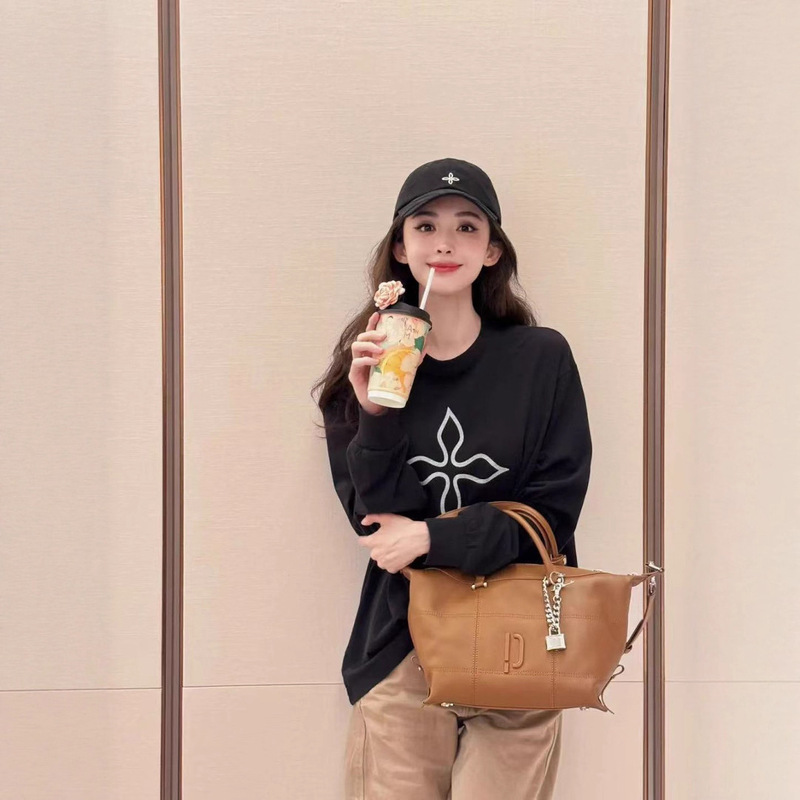 Sk Black Magnolia Oversized Long-Sleeved Top Wide Casual Cotton Pullover Sweatshirt