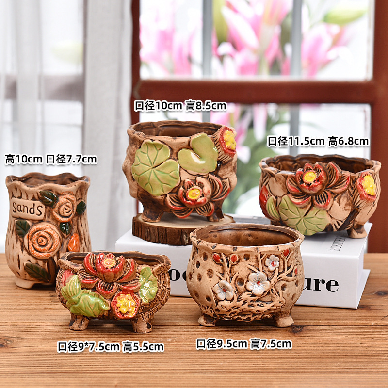 多肉植物の植木鉢卸売セラミック植物粗い陶器レトロ無地焼成紫砂クリエイティブ大小直径シンプルなクロスボーダー|undefined