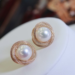 18K Gold Accessories Geometric Surround Earrings White Zircon Inlaid with Beads 10-11mm Beads Accessories Without Beads