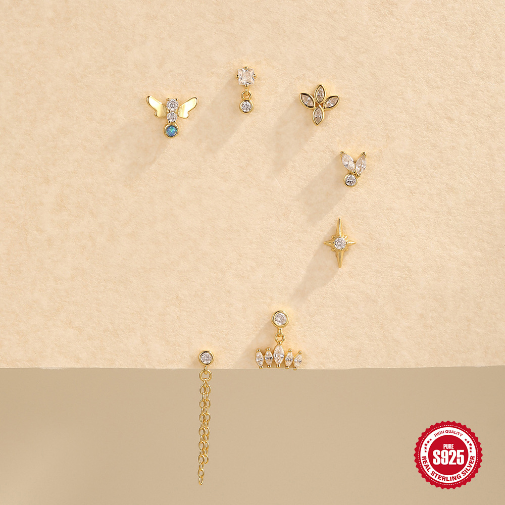 Tendencia de moda S925 plata de ley todos los días con flecos cuadrados, ocho estrellas con incrustaciones de diamantes, pendientes de todo fósforo